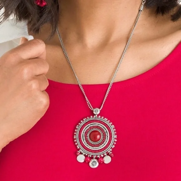 Chicos Cherry Red/Silver Toned Rebecca  Pendant Necklace Exclusively For Chicos - Picture 4 of 12